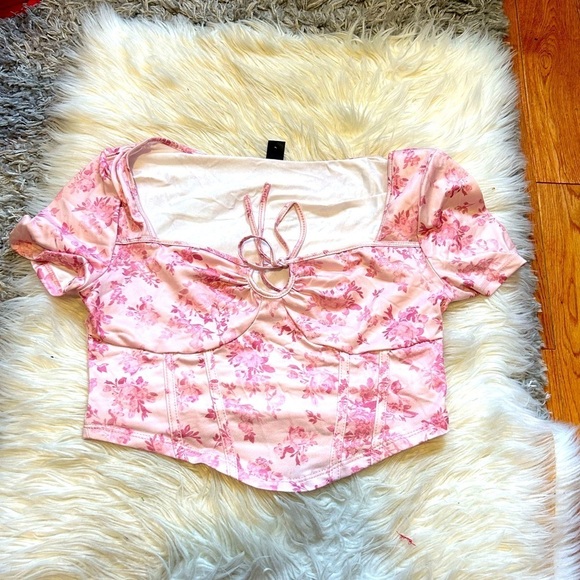 Pink Floral Tie-Front Crop Top - Picture 1 of 1